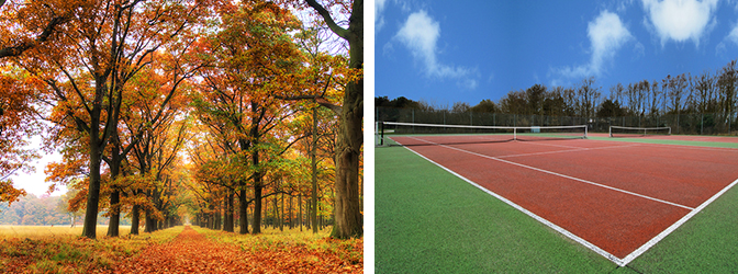 Herfstbeeld en een buiten tennisbaan