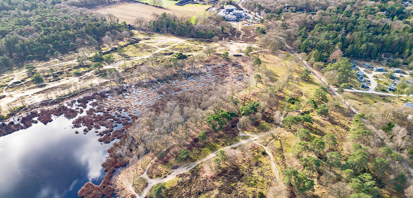 Luchtfoto van een trouwlocatie in de natuur