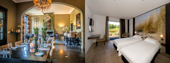 Sfeerbeelden van het restaurant en de hotelkamer van Fletcher Landgoed Hotel Renesse