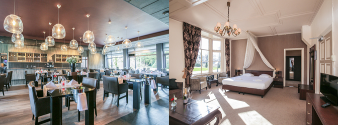 Restaurant en hotelkamer van Fletcher Hotel-Landgoed Huis Te Eerbeek